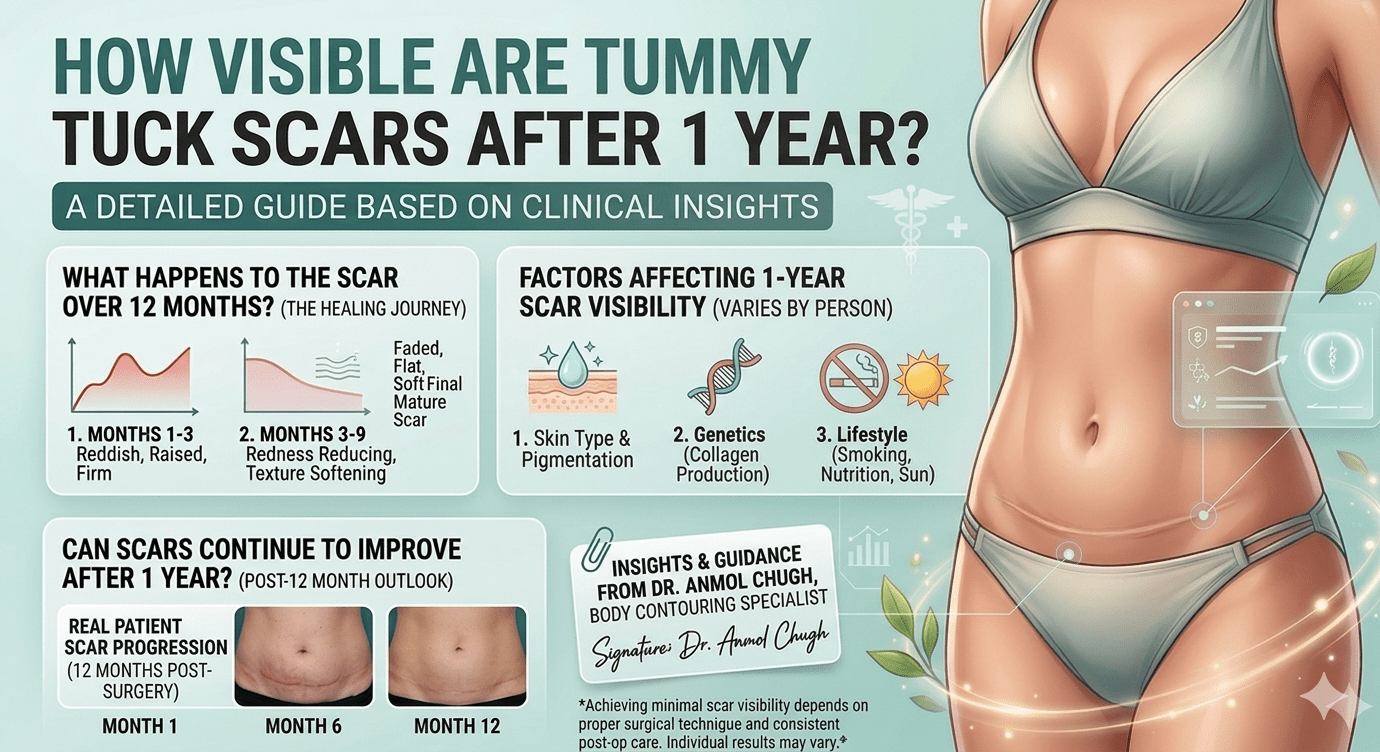 Tummy tuck scars appearance after one year and healing results