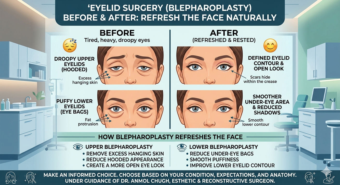 Before and after results of eyelid surgery and facial rejuvenation