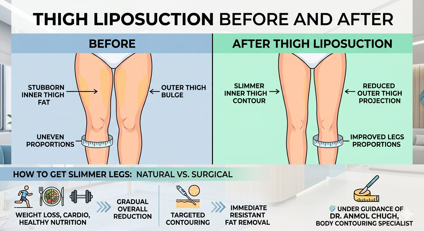 Before and after results of thigh liposuction for slimmer legs