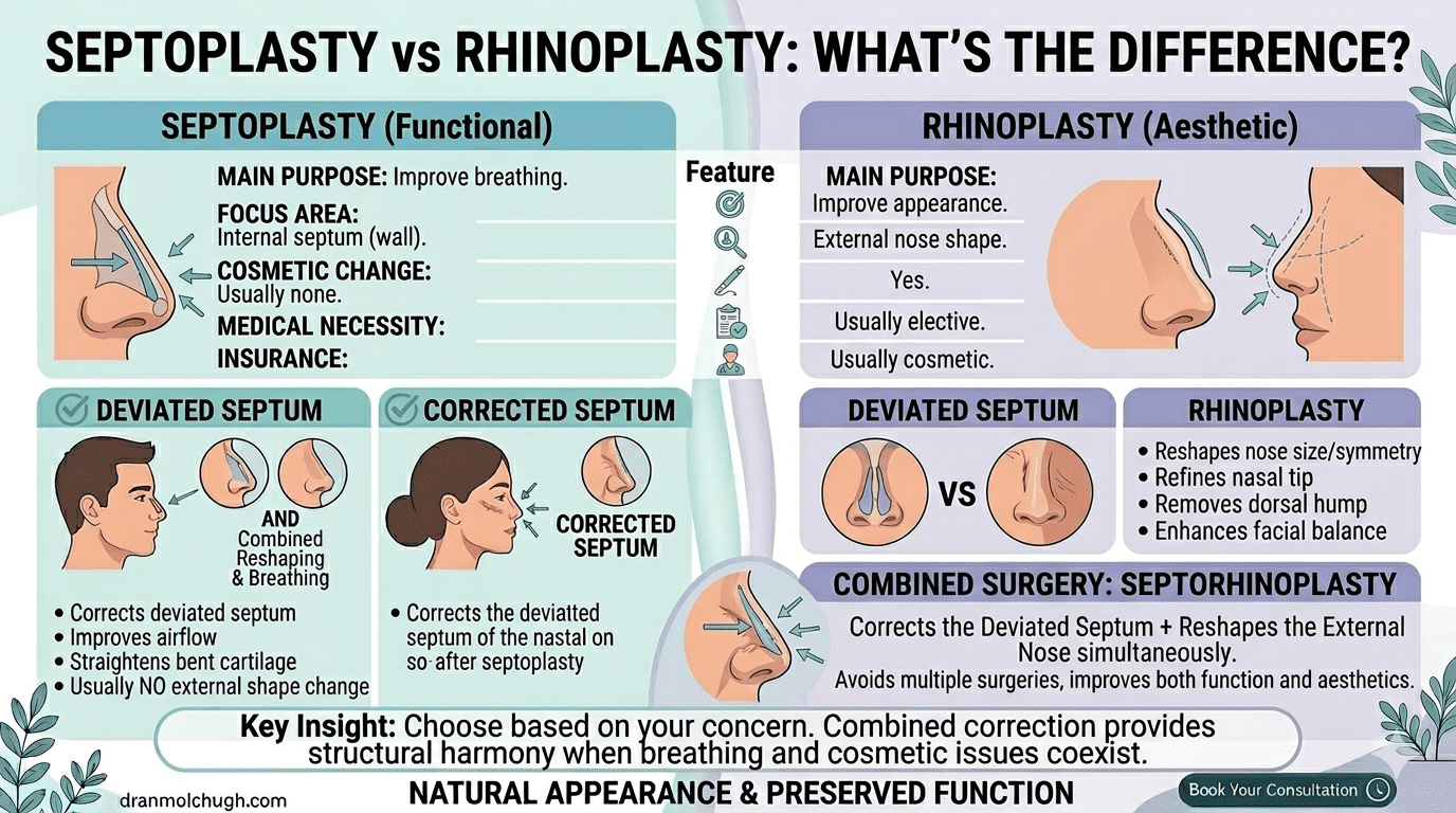Difference between septoplasty and rhinoplasty procedures explained