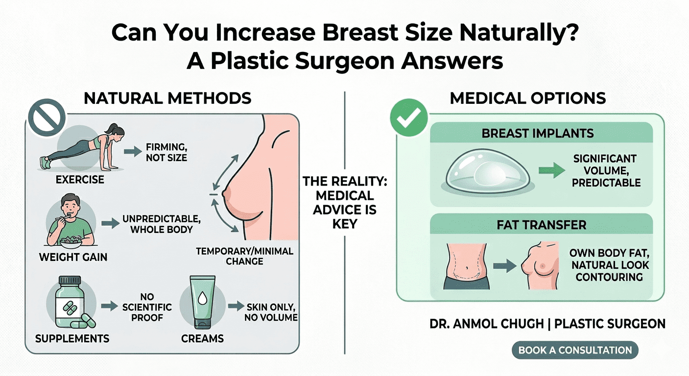 Plastic surgeon explaining natural breast size increase methods and myths
