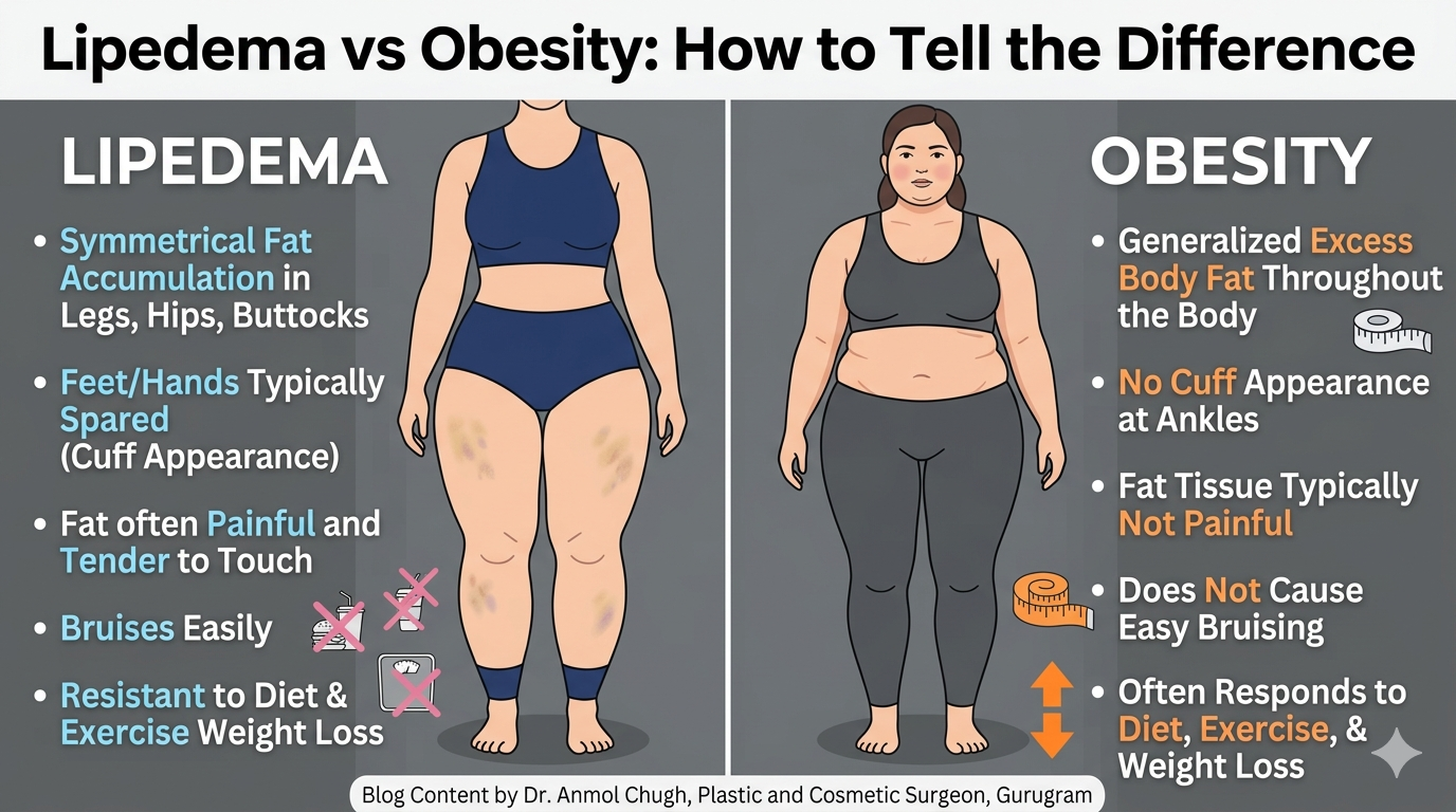 Comparison of lipedema and obesity showing key differences in symptoms and fat distribution