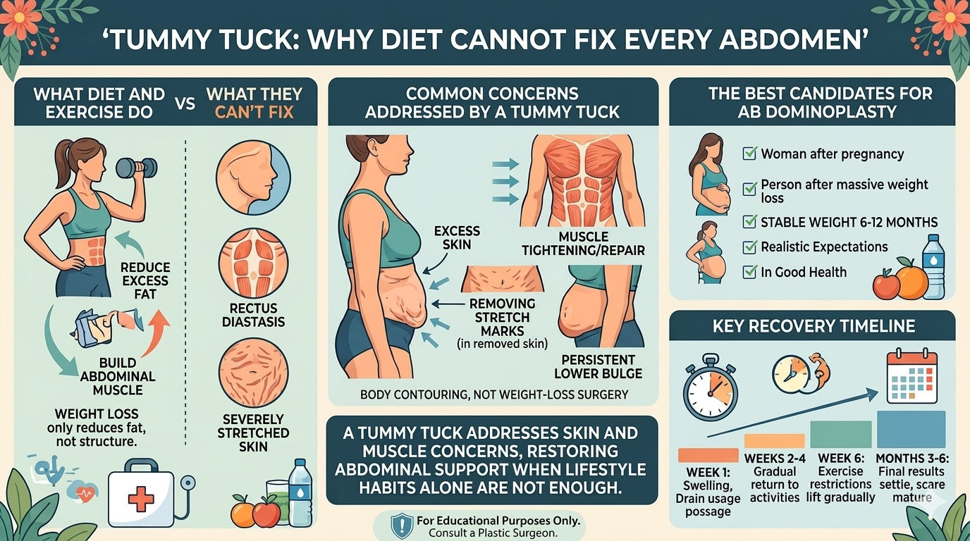 Dr. Anmol Chugh explaining why diet alone cannot correct loose abdominal skin and muscle separation