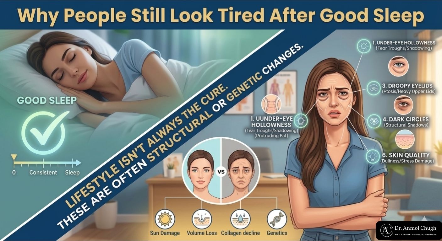 Person looking tired despite getting a good night's sleep