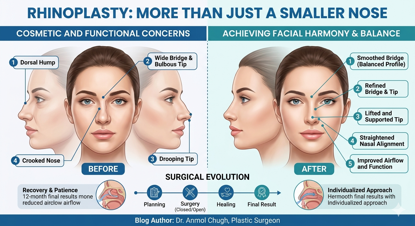 Rhinoplasty improving facial balance, nose shape, and overall facial harmony