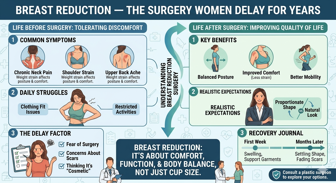 Woman experiencing relief and improved comfort after breast reduction surgery