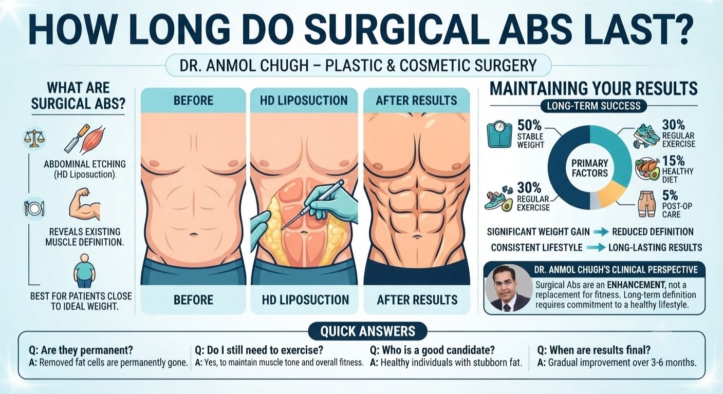 Dr. Anmol Chugh explaining how long surgical abs results last and how to maintain them